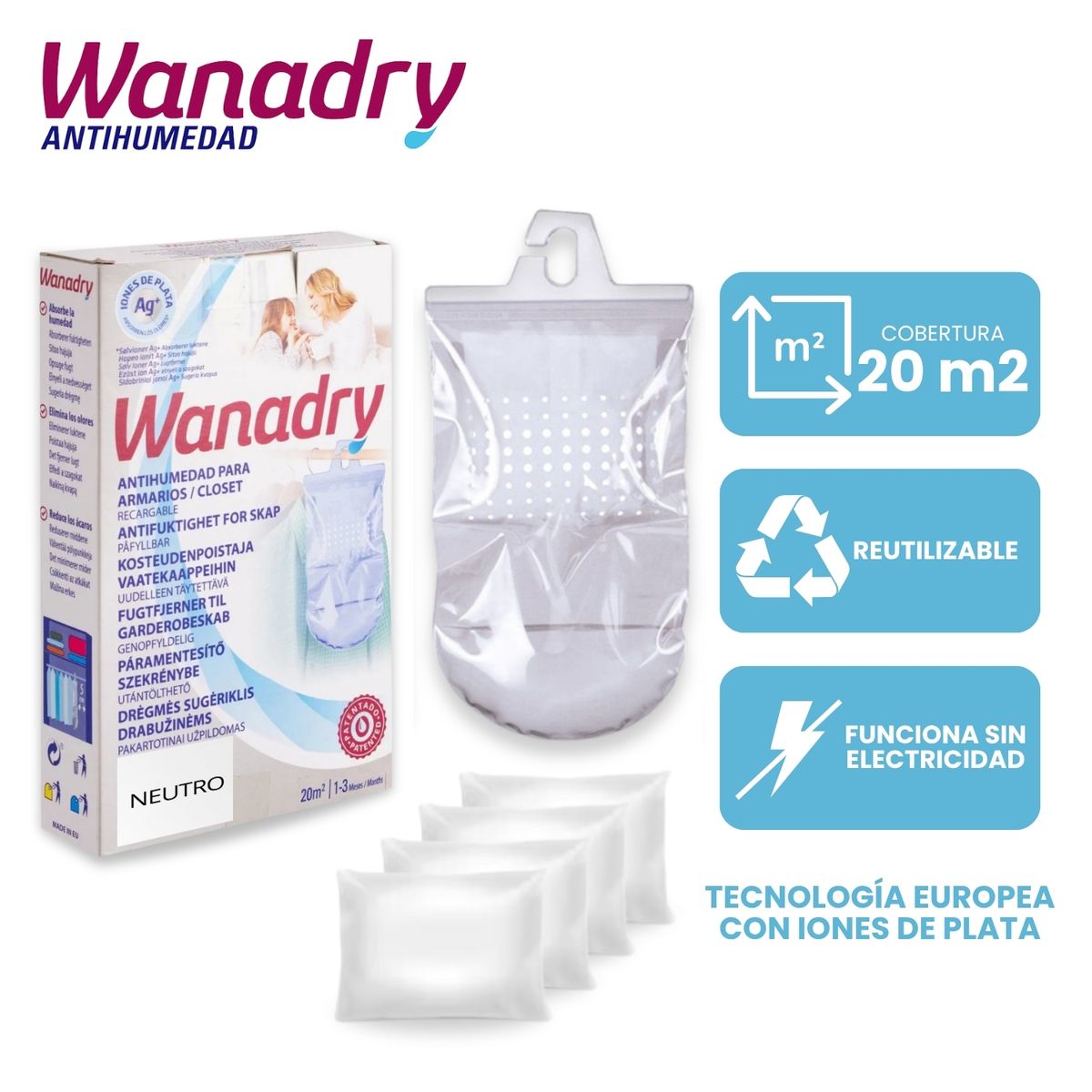 GENERICO - Deshumedecedor para armario pack + 4 saquitos WANADRY