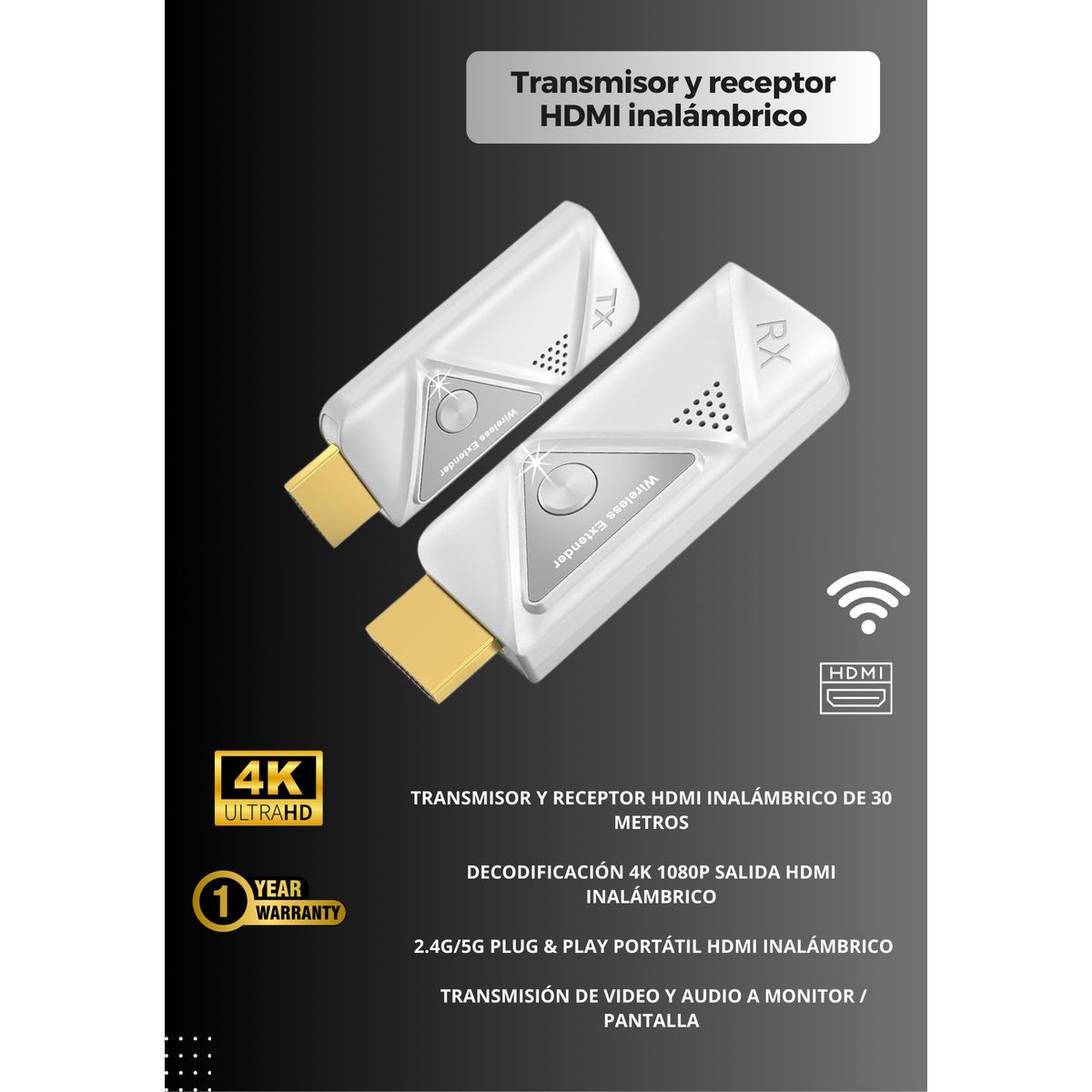 GENERICO - Transmisor y receptor HDMI inalámbrico de 30 metros 4K 1080P  2.4G/5G