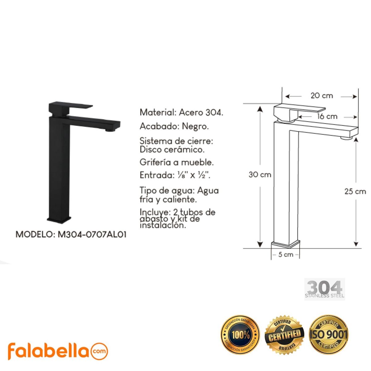 XM - Mezcladora para baño Negro M304-0707AL01 Acero Inoxidable