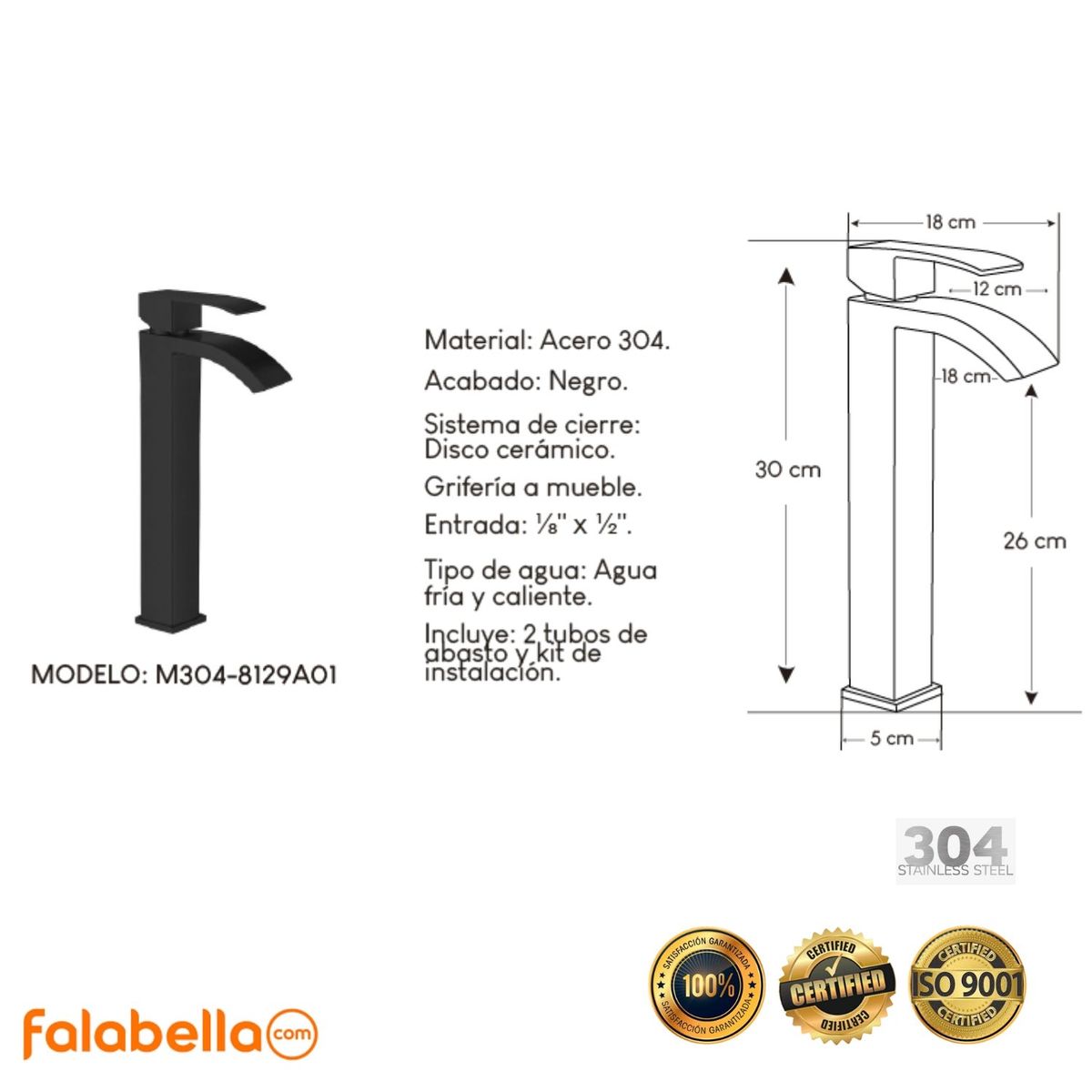 XM - Mezcladora para baño Negro Mate M304 8129A01 Acero Inoxidable