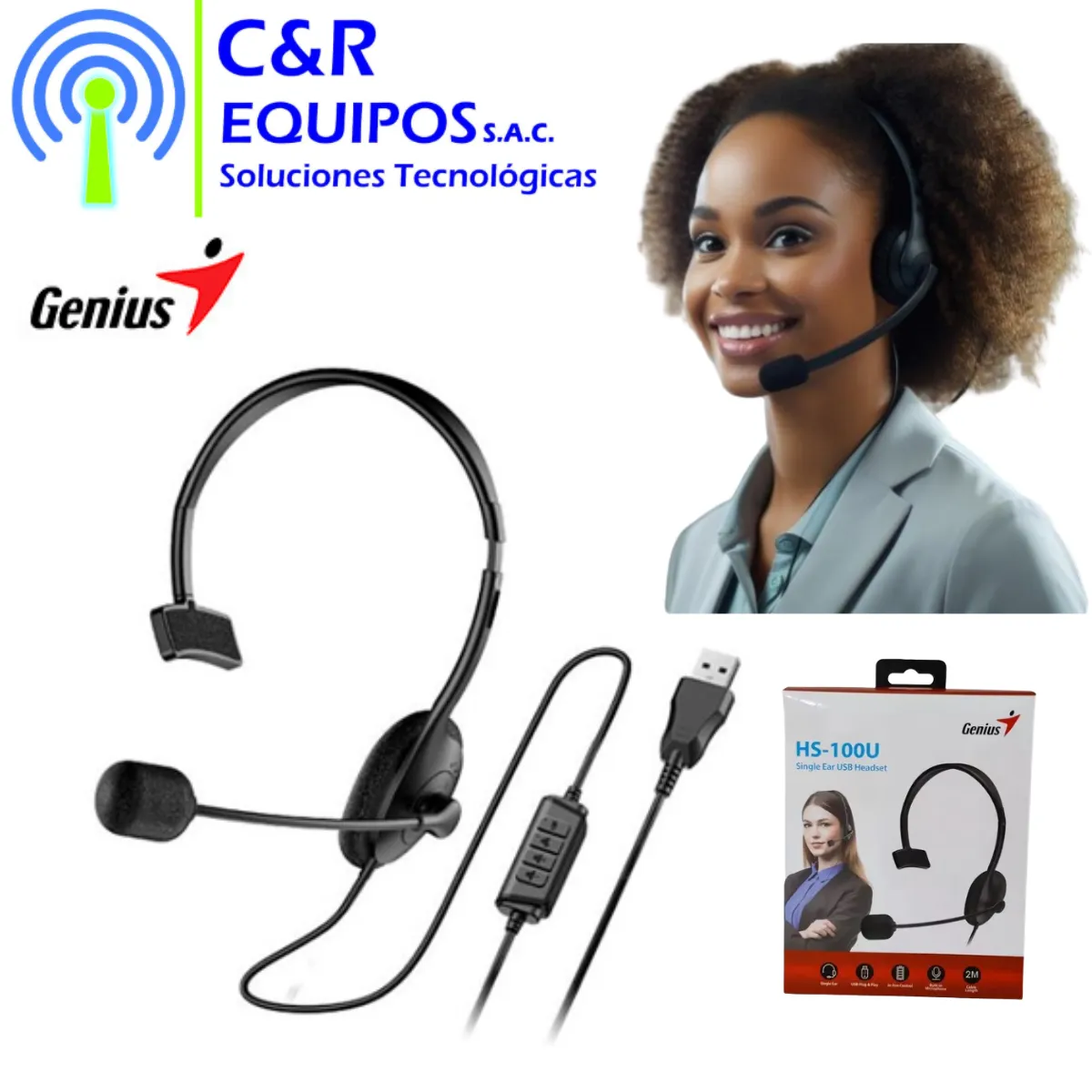 GENIUS - AUDIFONO HS100U MONO USB BLACK