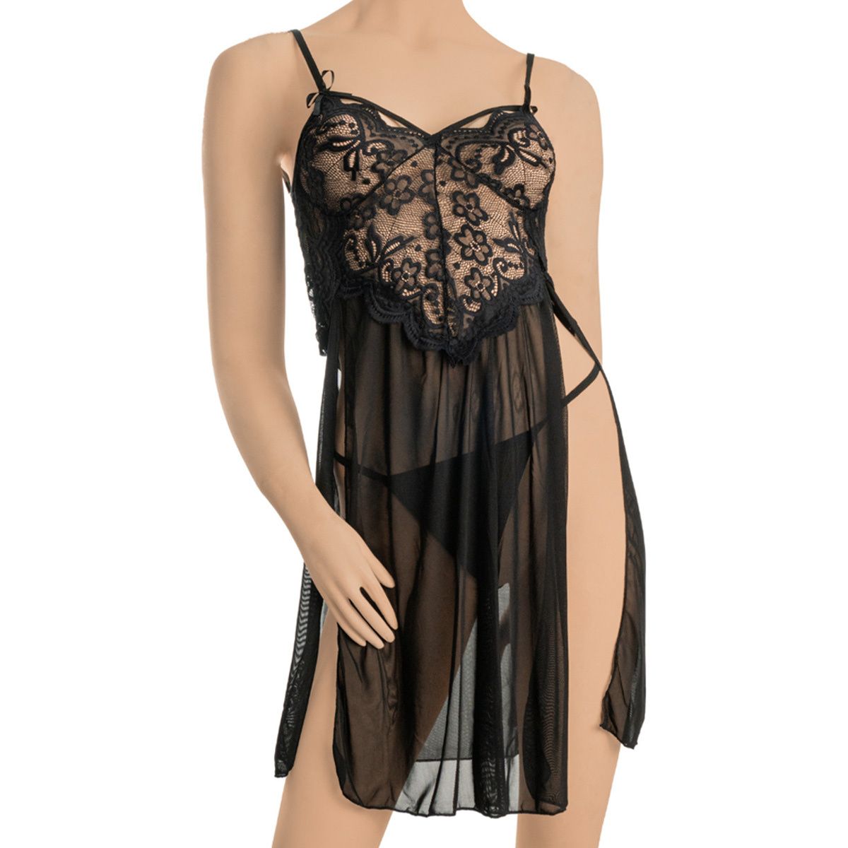 GENERICO - Sexy lencería mujer con tiras de encaje-negro  Talla M