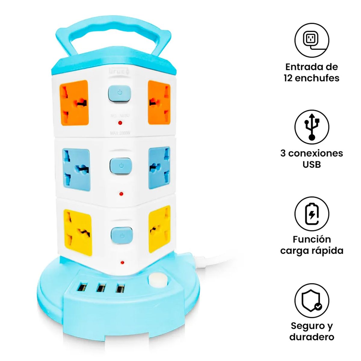GENERICO - Torre de Enchufes con Capacidad de 12 Enchufes y 3 USB