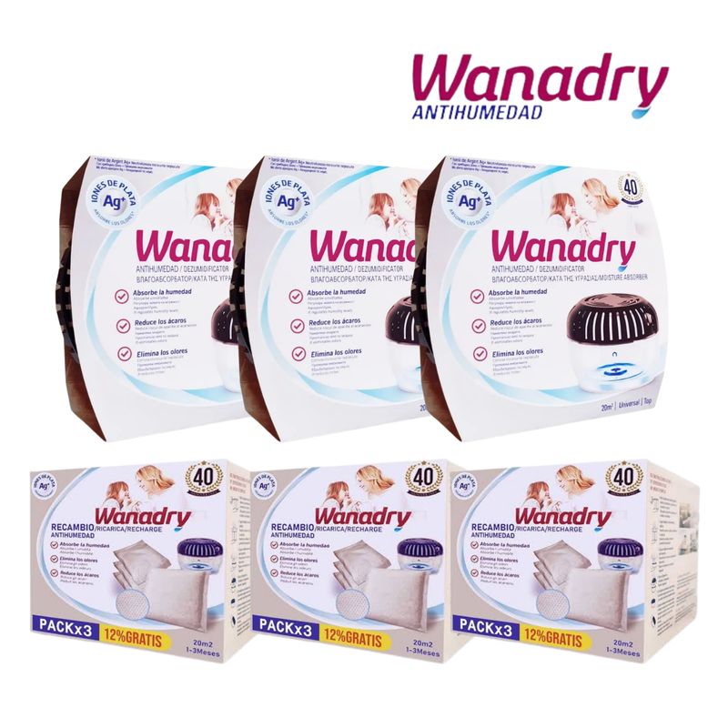 GENERICO - Pack 3 Deshumedecedores + 12 saquitos WANADRY