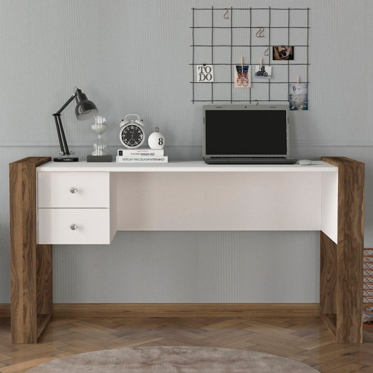 BARAKA HOME - Escritorio con Cajones Poland - Blanco y Macchiato