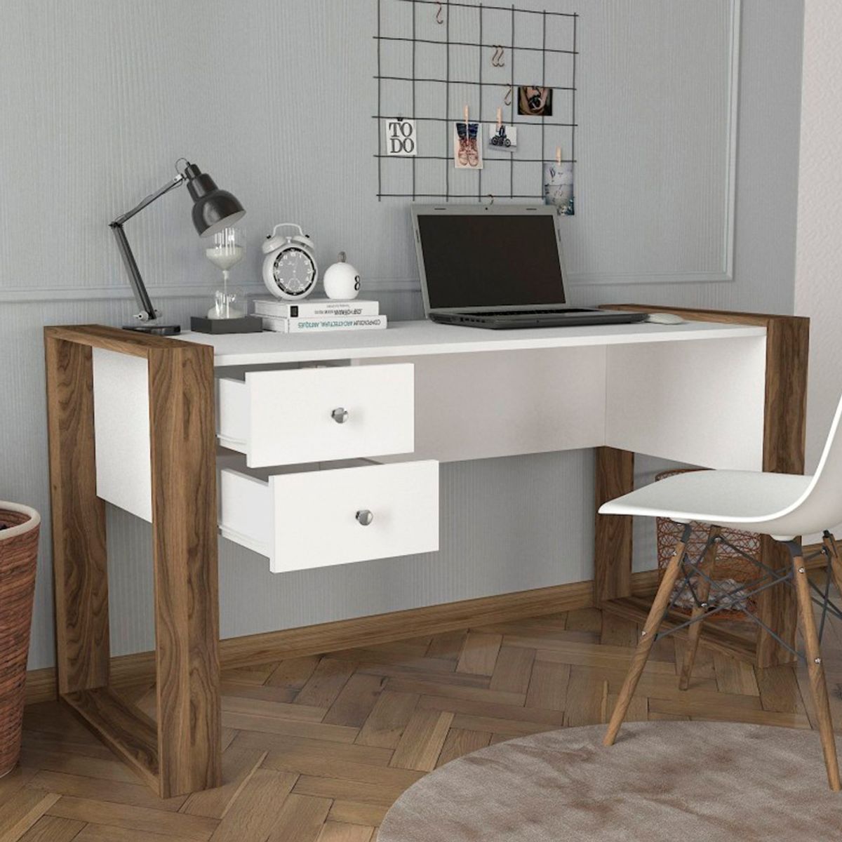 BARAKA HOME - Escritorio con Cajones Poland - Blanco y Macchiato