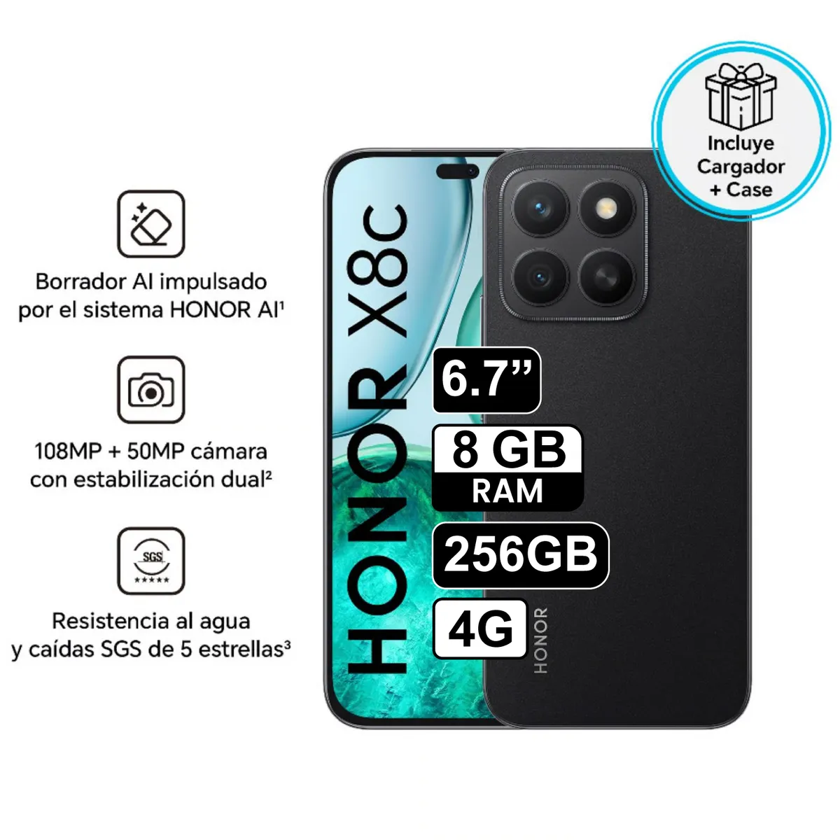 HONOR - Celular Honor X8C 256GB 8GB RAM cámara principal 108MP + 5MP frontal 50MP 65 Pulg black