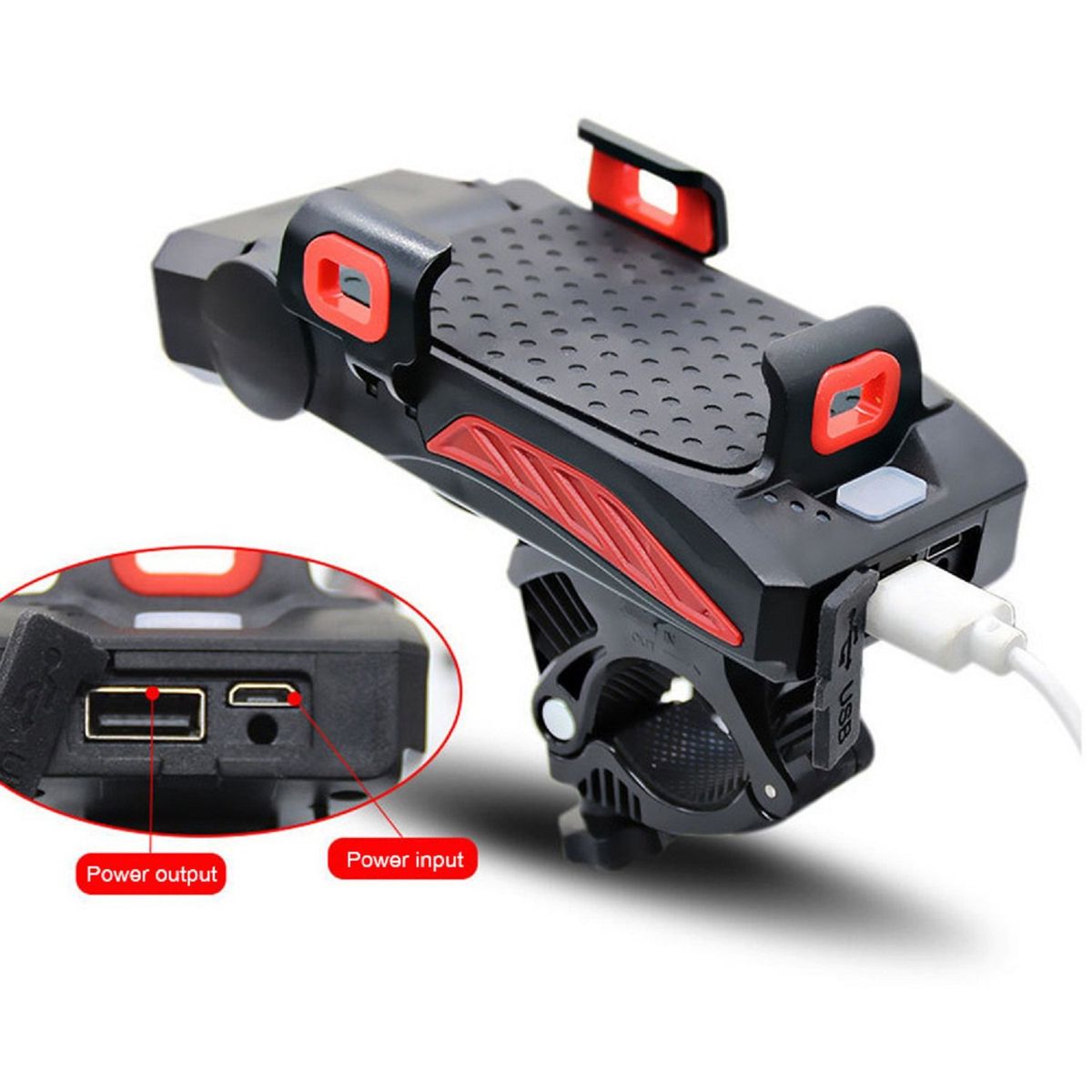 GENERICO - Linterna luz led / bocina / power para bicicleta 4 en 1-rojo