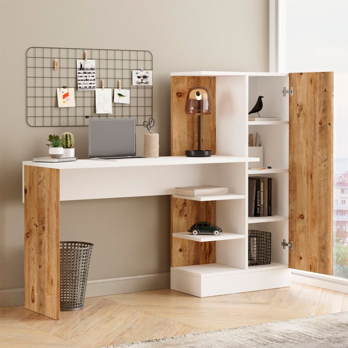 BARAKA HOME - Escritorio Con Cajones Y Repisa Tarawa - Blanco Y Damasco