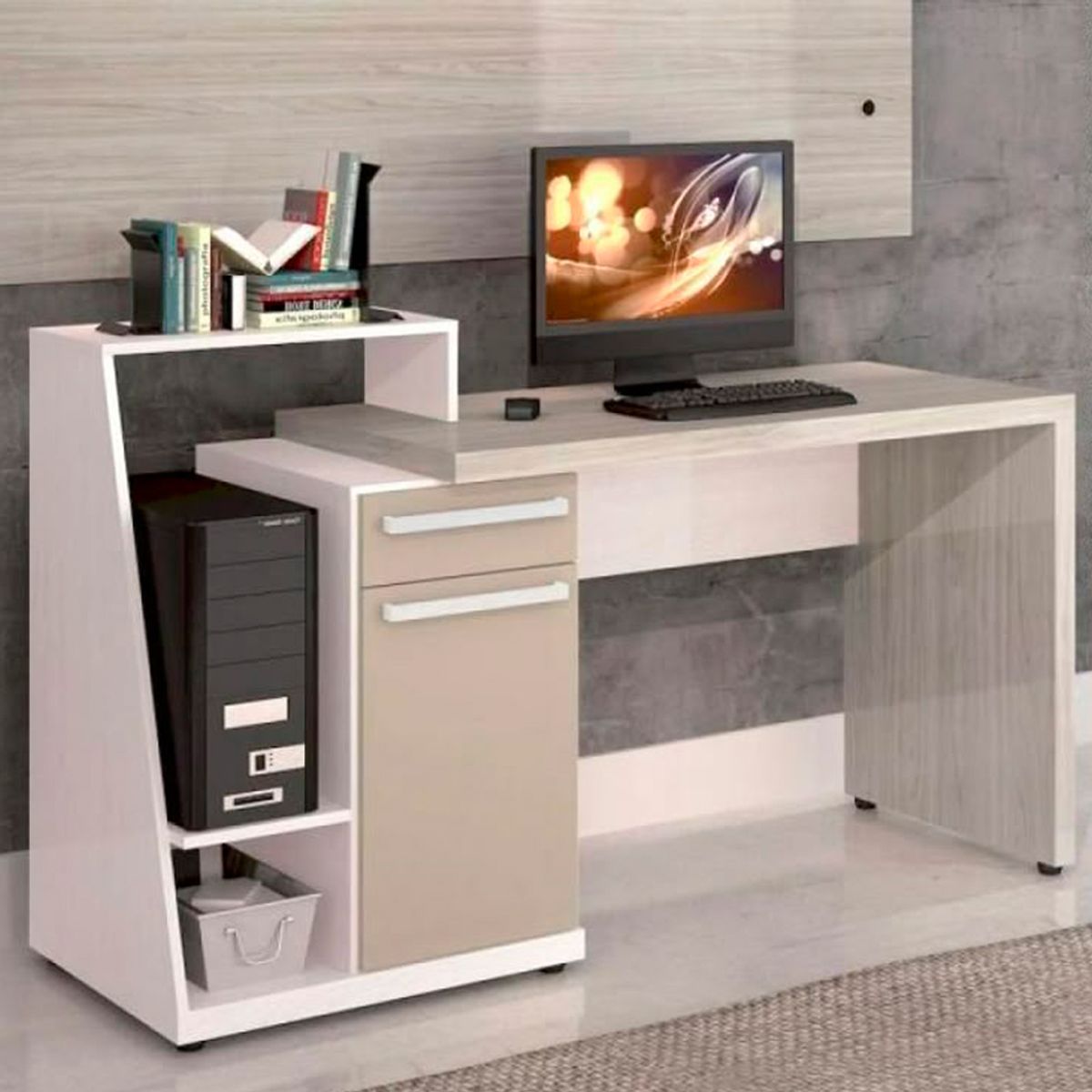 BARAKA HOME - Escritorio Con Cajones Y Repisa Aikai - Blanco Y Olmo Gris