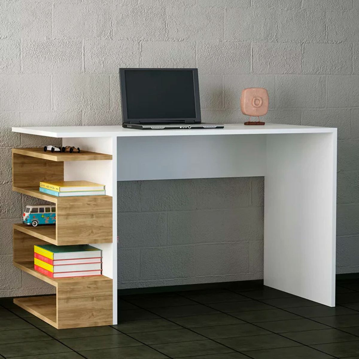 BARAKA HOME - Escritorio con Repisa Lateral Antai - Blanco y Macchiato