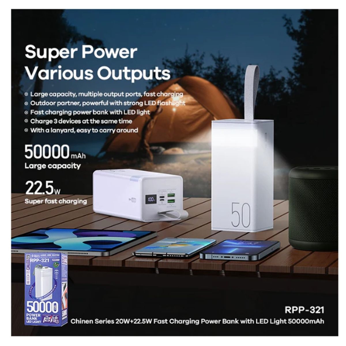 REMAX - CARGADOR PORTÁTIL REMAX with LED Light 50000mAh PD20W+QC225W AZUL