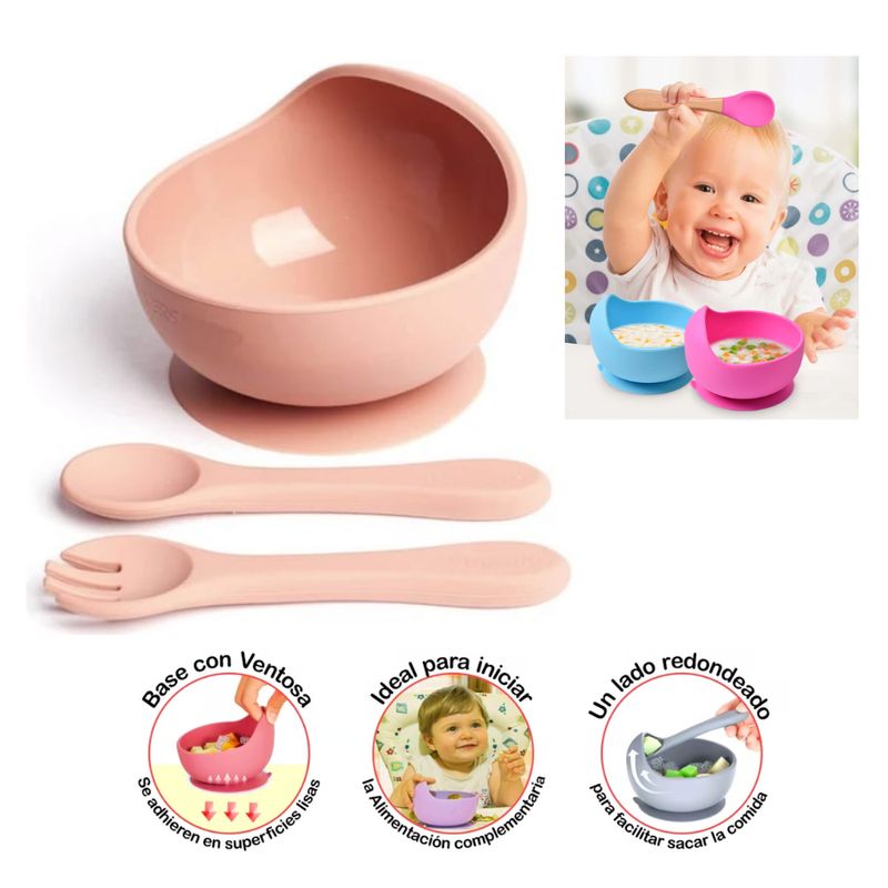 GENERICO - PLATO CUENCO MAS CUCHARA Y TENEDOR ROSA CLARO