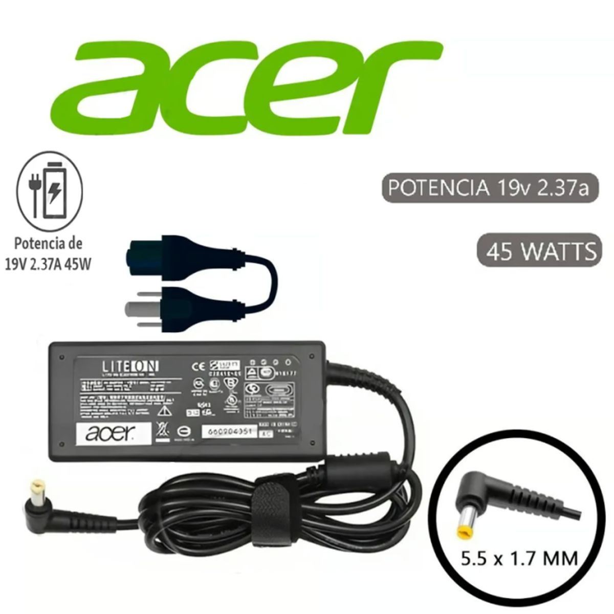 GENERICO - Cargador Compatibl Laptop Acer Punta Amarilla 19v 2.37a 5.5 x 1.7m 45w