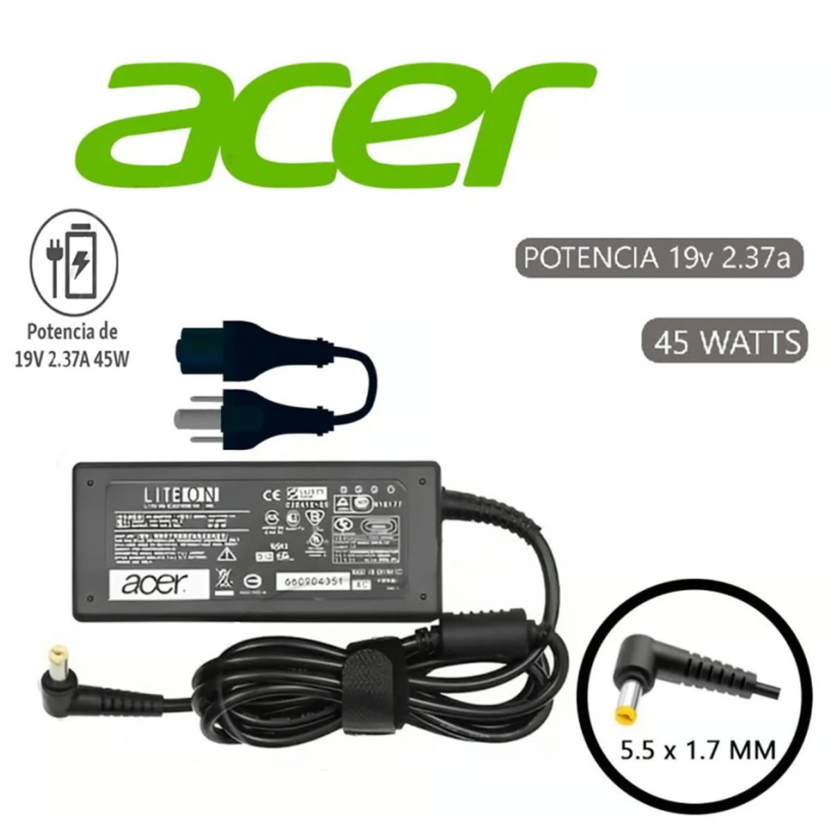 GENERICO - Cargador Compatibl Laptop Acer Punta Amarilla 19v 2.37a 5.5 x 1.7m 45w