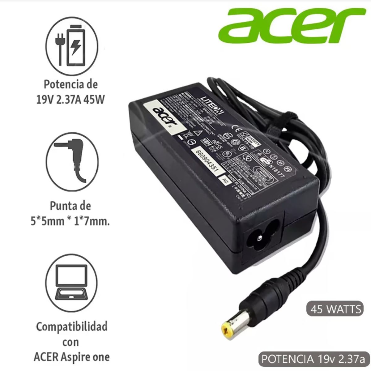 GENERICO - Cargador Compatibl Laptop Acer Punta Amarilla 19v 2.37a 5.5 x 1.7m 45w