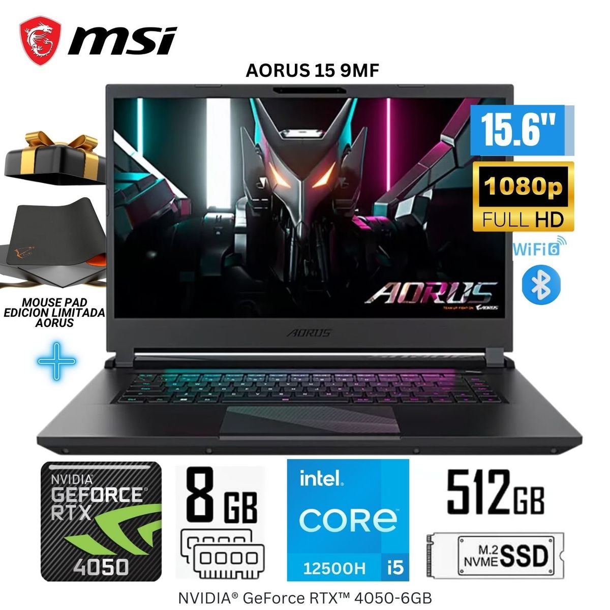 GIGABYTE - Laptop Gigabyte Aorus 15 9MF Intel Corei5-12500H 8GB RAM 512GB SSD 15.6" FHD RTX4050-6GB + MOUSE PAD