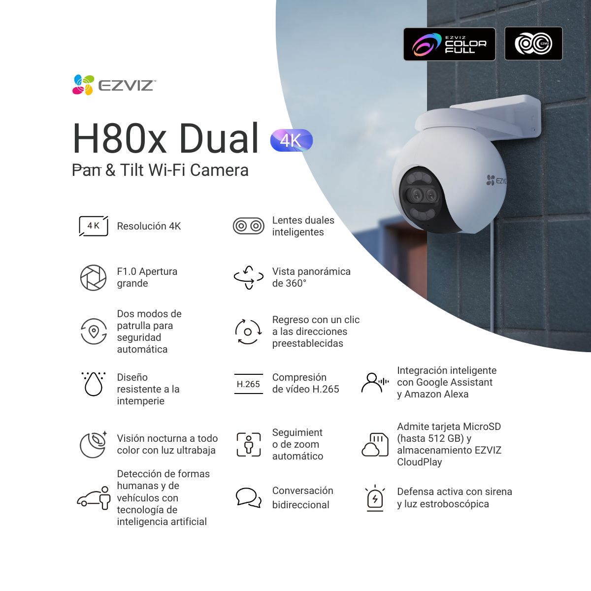 EZVIZ - Cámara de seguridad exterior IP PT H80x Dual 4K +  SD128GB - Ezviz