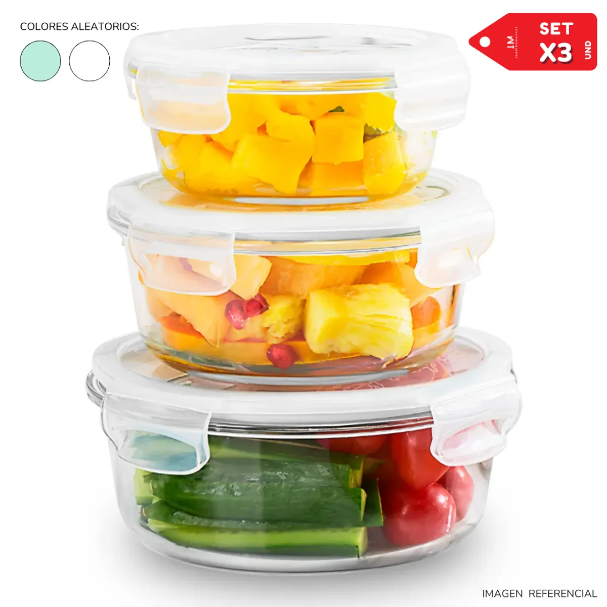 INSPIRA MARKET - Set x3 Táperes de Vidrio con tapa plástica hermética Circular