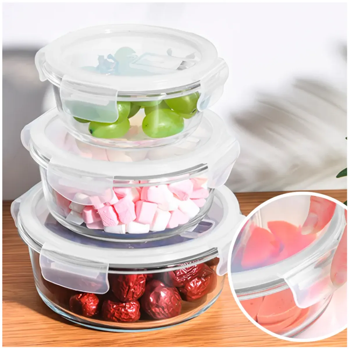 INSPIRA MARKET - Set x3 Táperes de Vidrio con tapa plástica hermética Circular