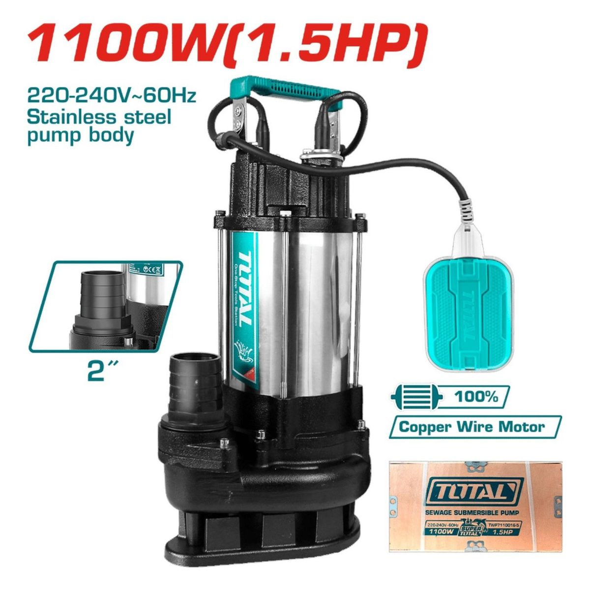 Bomba sumergible 1100w de acero inoxidable Total, marca TOTAL - Foto 2
