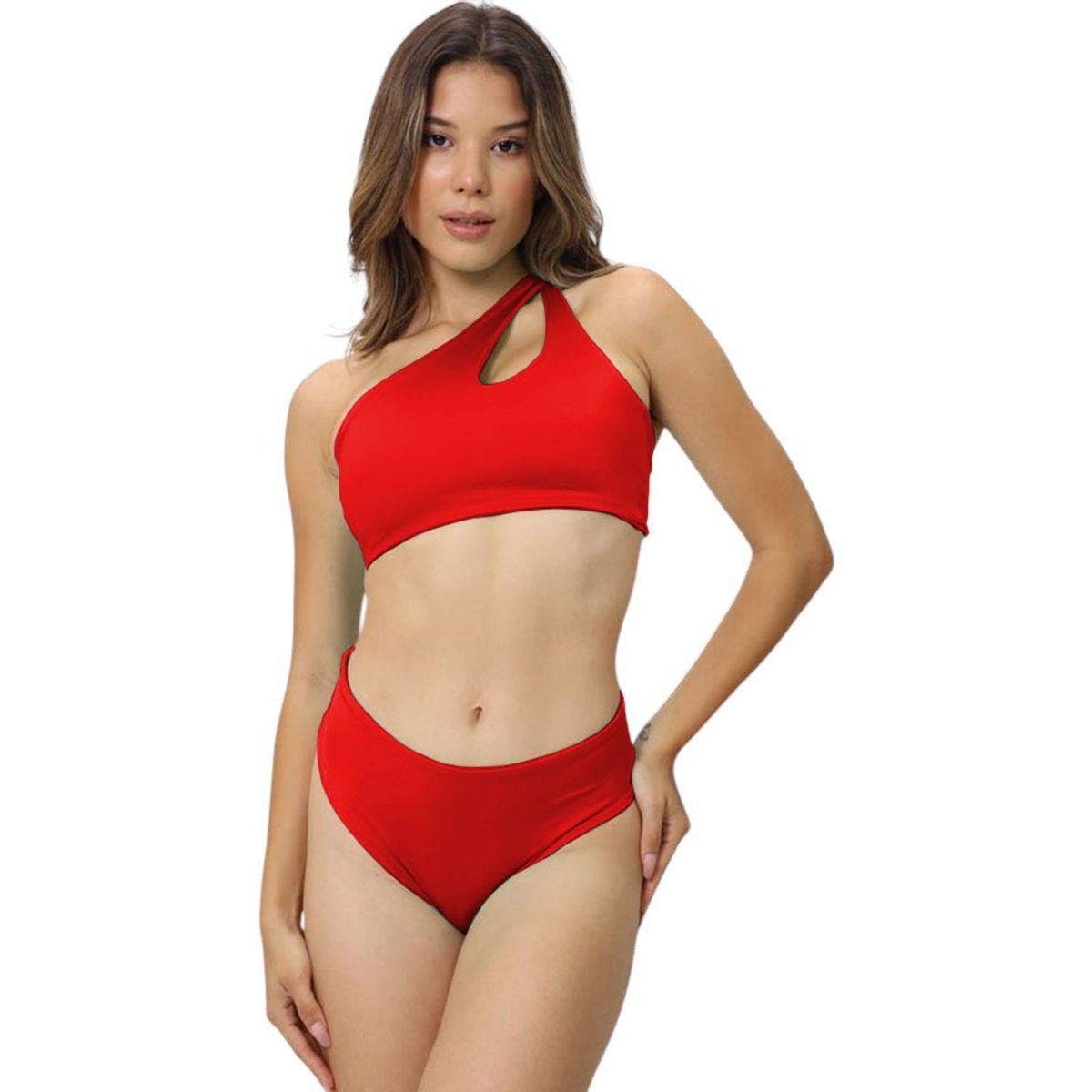 GENERICO - Bikini Calzon Faja Top Asimetrico Doble Licra Aq-70 Color Rojo