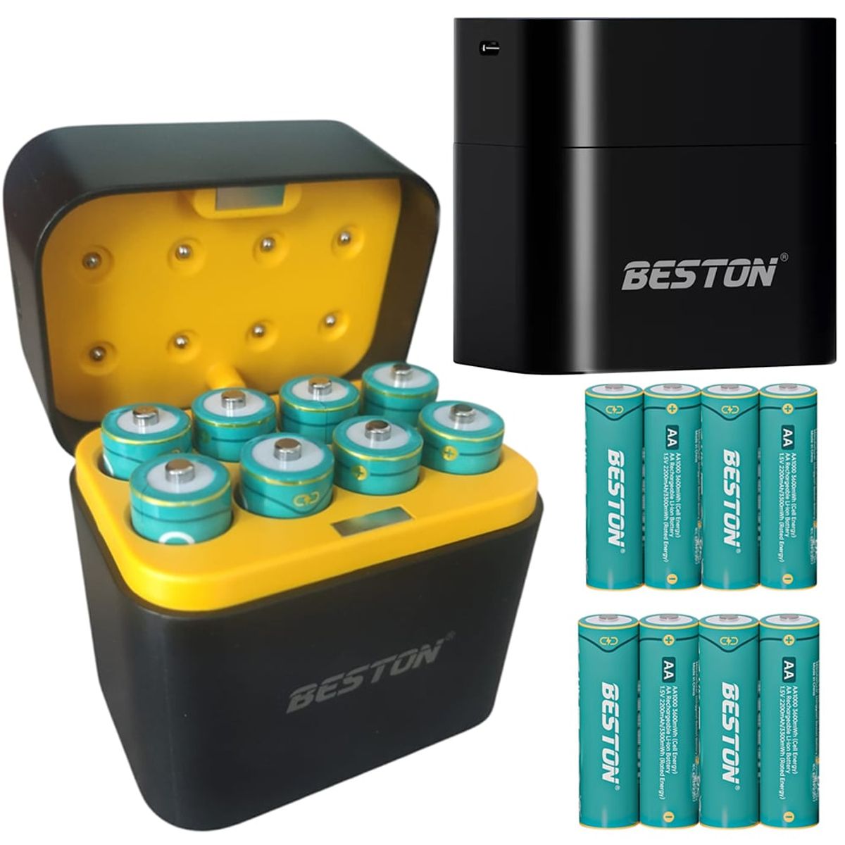 BESTON - Cargador de pilas baterías AA recargables 8 puestos + 8 baterías AA