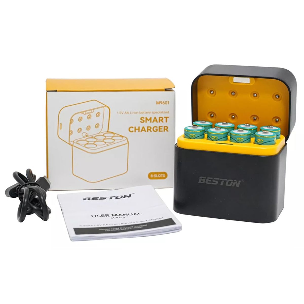 BESTON - Cargador de pilas baterías AA recargables 8 puestos + 8 baterías AA