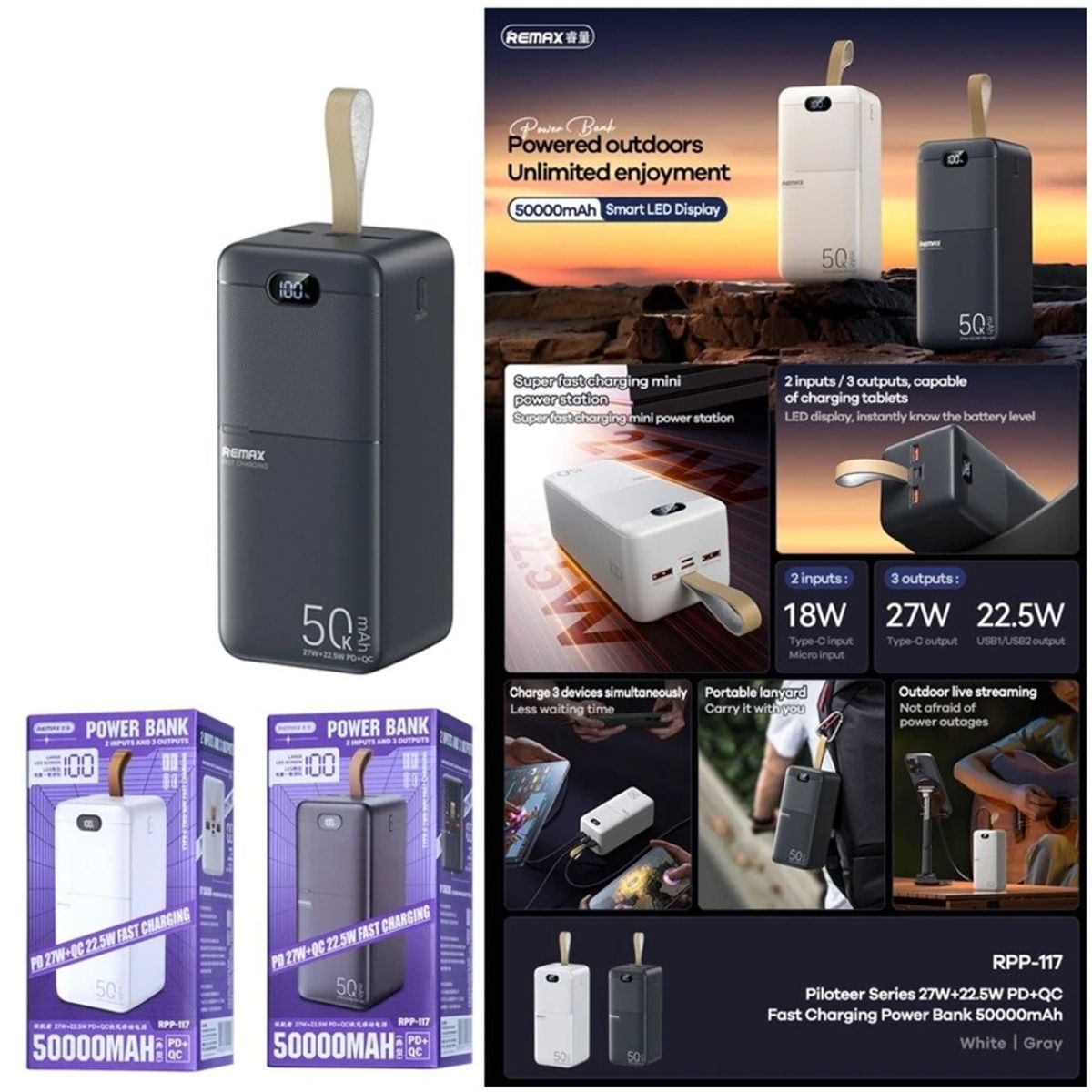 REMAX - CARGADOR PORTÁTIL REMAX 50000mAh PD27W+ QC 225W BLANCO