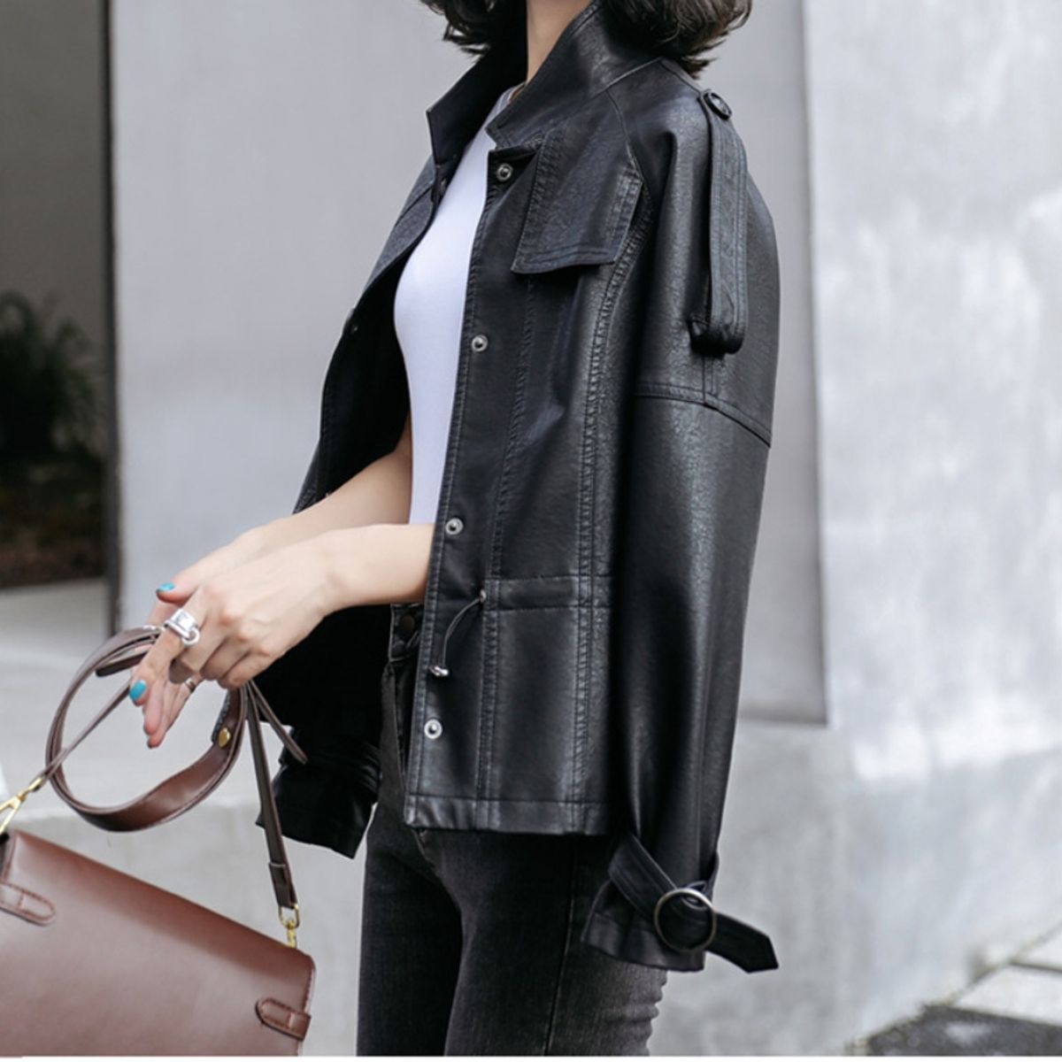 TIOZONEY - Chaqueta de PU para adelgazar - Negro