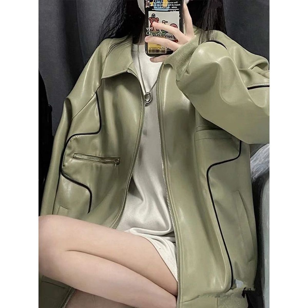 TIOZONEY - Chaqueta de PU para adelgazar - Verde