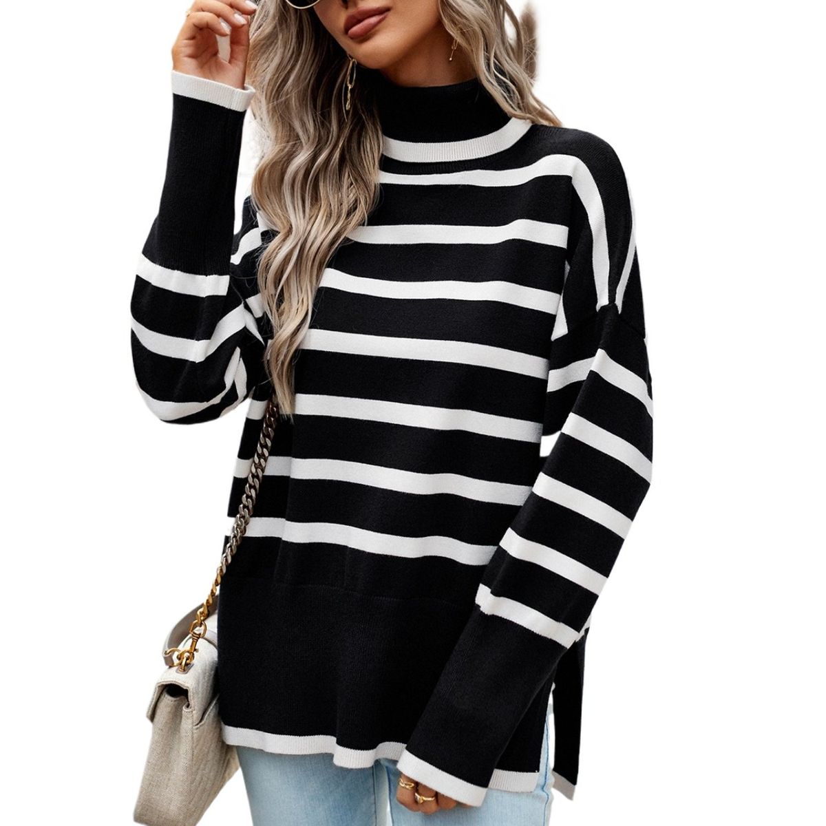 TIOZONEY - Suéter de cuello alto a rayas para mujeres - Negro