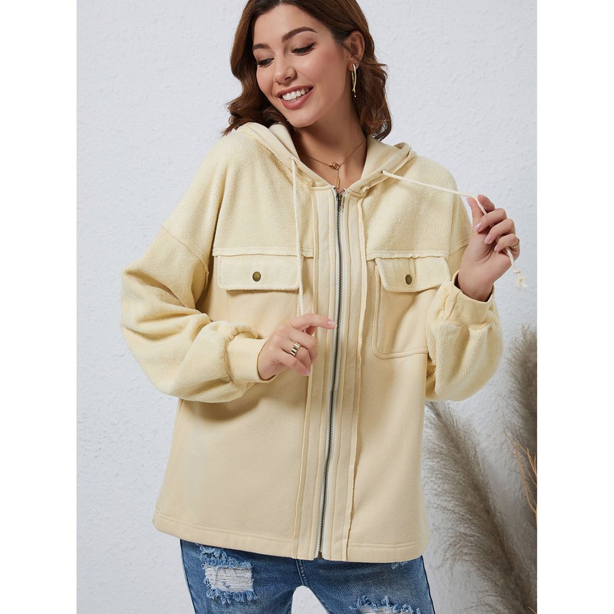 TIOZONEY - Chaqueta con capucha de peluche - Gris