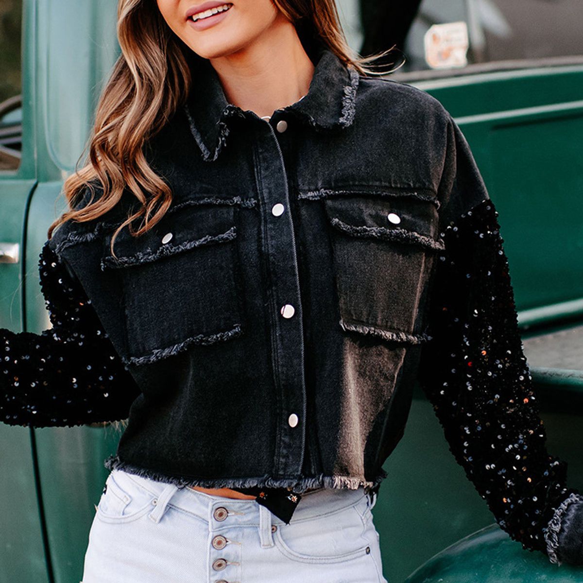 TIOZONEY - Chaqueta vaquero corta para mujeres - Negro