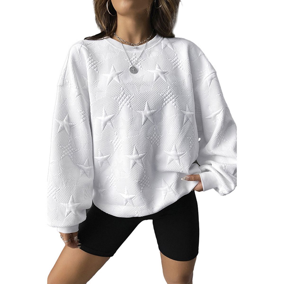 TIOZONEY - Pullover de cuello redondo suelto para mujeres - Blanco