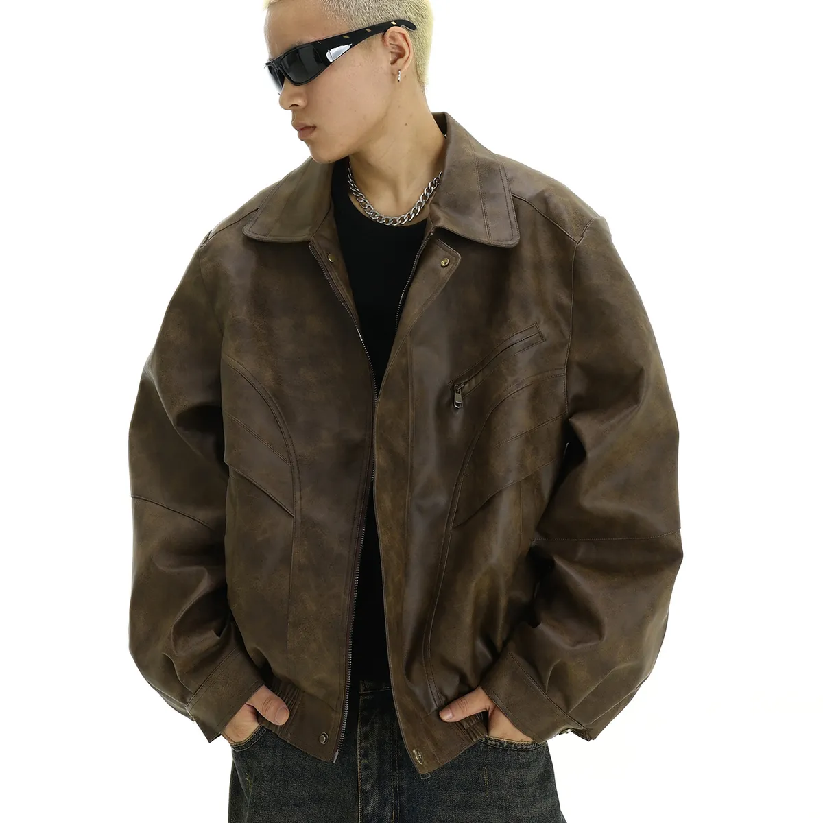 TIOZONEY - Ropa de PU retro para hombres - Marrón