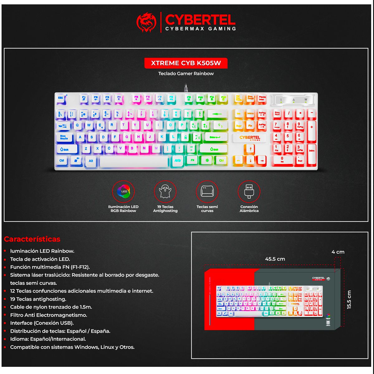 CYBERTEL - Teclado Semimecanico Gamer Xtreme Blanco Xtreme