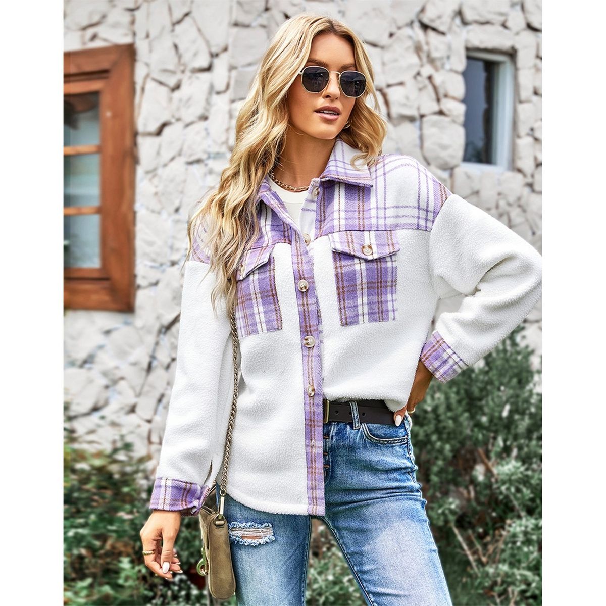 TIOZONEY - Chaqueta con cuadro mujer - Blanca y Morada