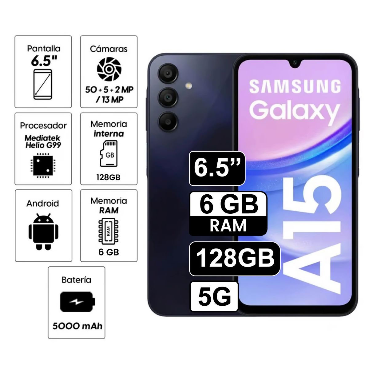 SAMSUNG - Celular Samsung Galaxy A15 128GB 6GB ram 50MP frontal 13MP 6,5 Pulg negro azulado