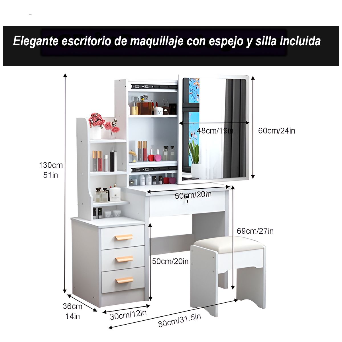 GENERICO - Tocador de maquillaje Deluxe con 4 cajones y sillón Blanco