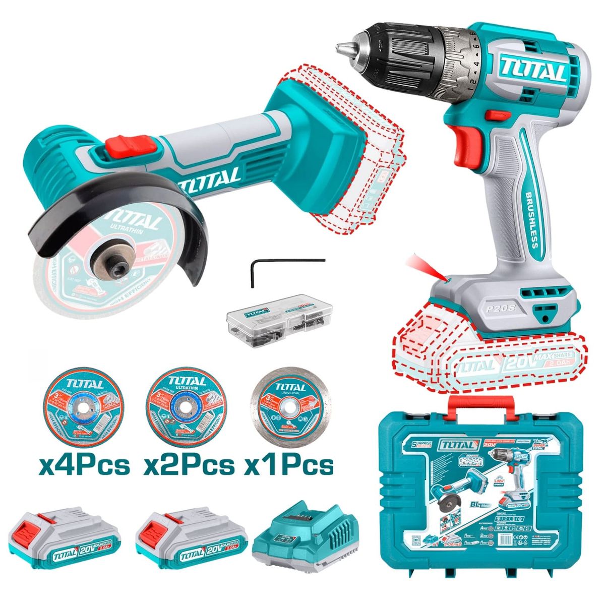TOTAL TOOLS - Combo Taladro 52nm + amoladora 3 Total