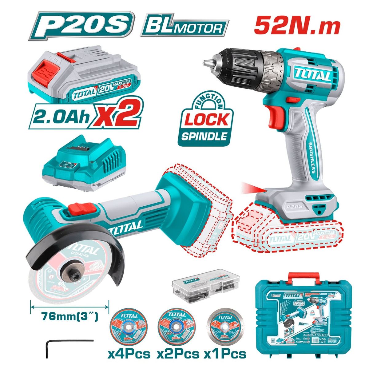 TOTAL TOOLS - Combo Taladro 52nm + amoladora 3 Total
