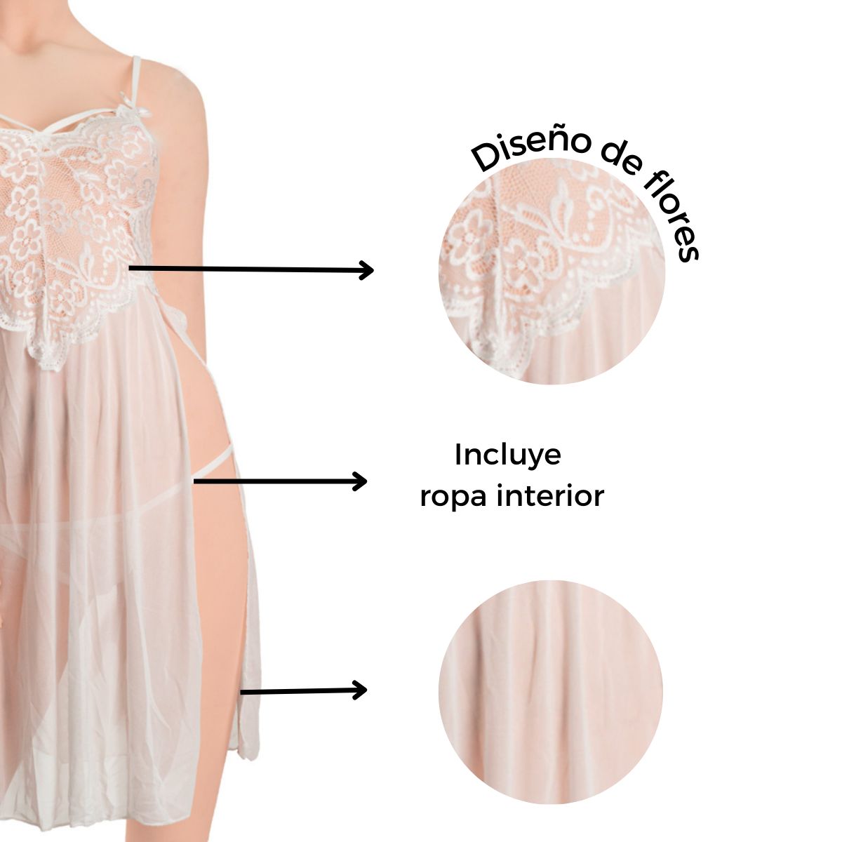 GENERICO - Sexy lencería mujer con tiras de encaje-Blanco talla S