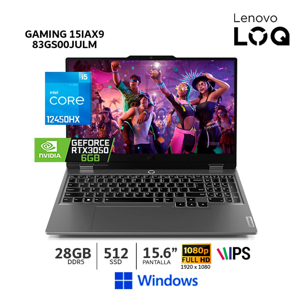 LENOVO - Laptop Lenovo LOQ Core I5-12450HX,15.6" FHD, 28Gb Ram, 512Gb SSD, RTX 3050 6Gb - 83GS00JULM