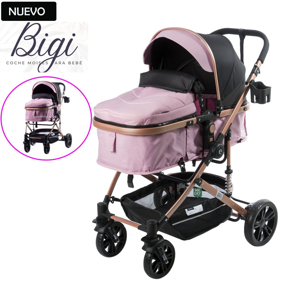 EBABY - Coche Moisés para Bebe BIGI Rosado