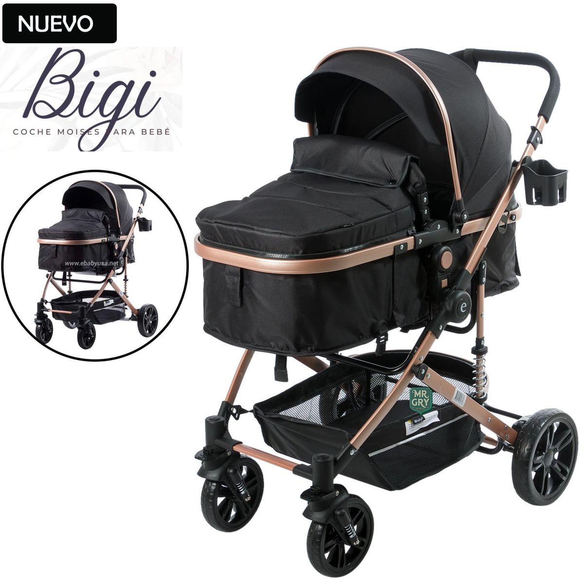 EBABY - Coche Moisés para Bebe BIGI Negro