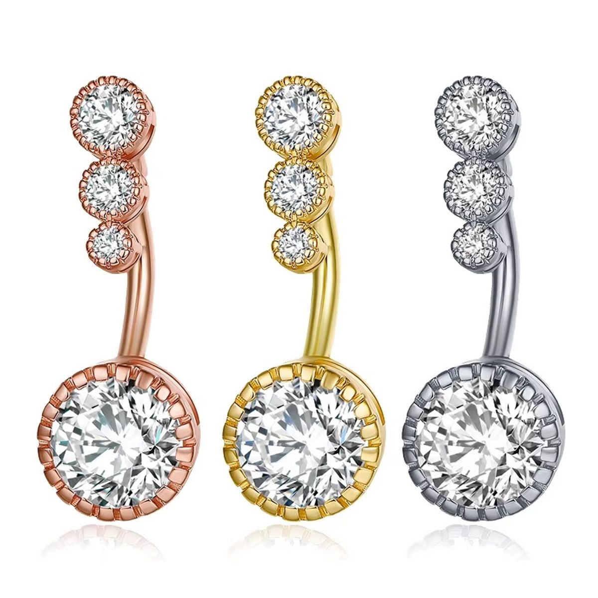 GENERICO - Set x 3 Piercings ombligo triple piedrita dorado, plateado y oro rosa