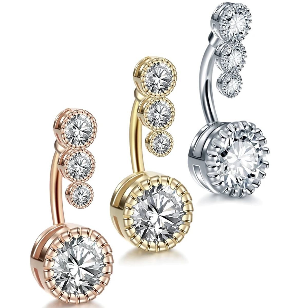 GENERICO - Set x 3 Piercings ombligo triple piedrita dorado, plateado y oro rosa