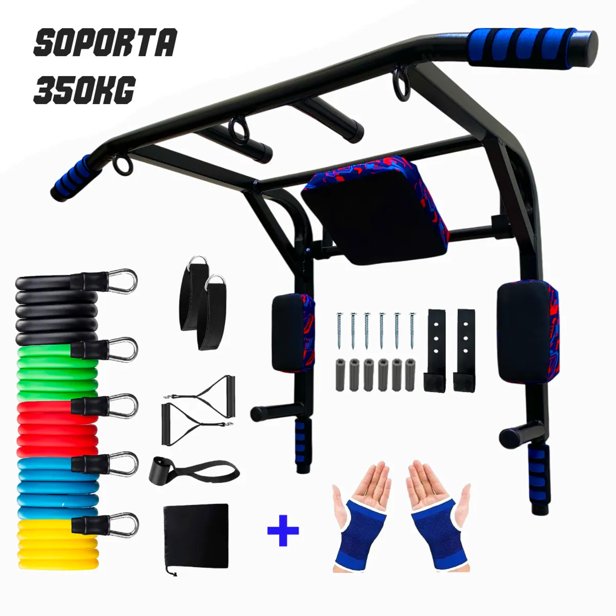 HOLGU - Barra Multifuncional 15 En 1 de 3 Aros + Ligas X5 + Guantes Max-350kg