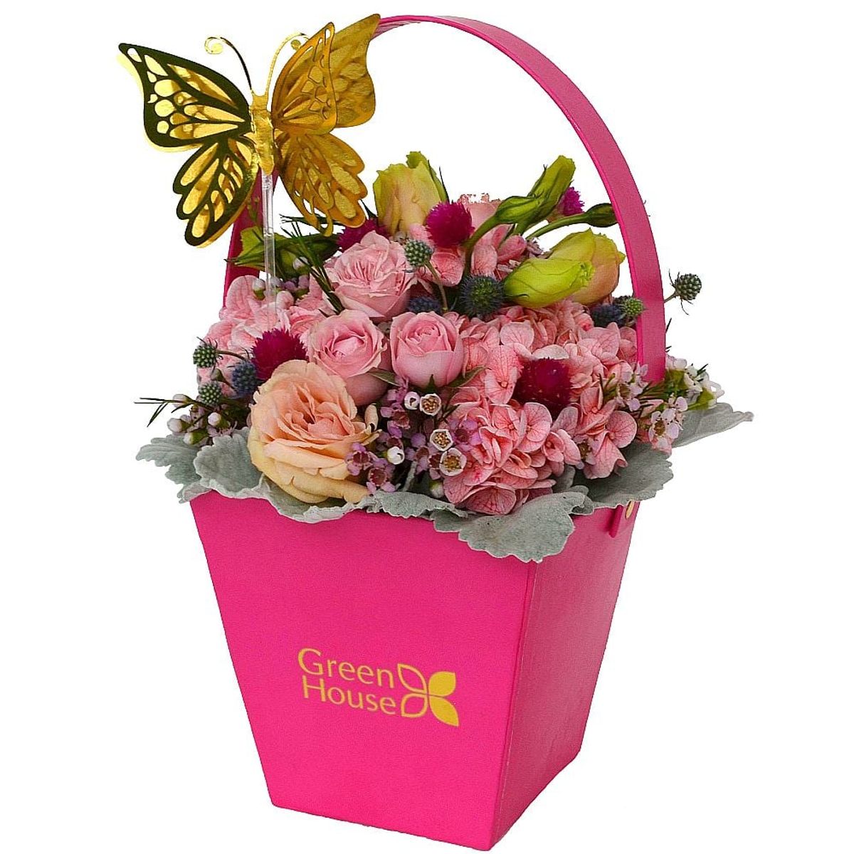 GREEN HOUSE FLORERIA - Arreglo de Flores en Cesta Mariposa Fucsia